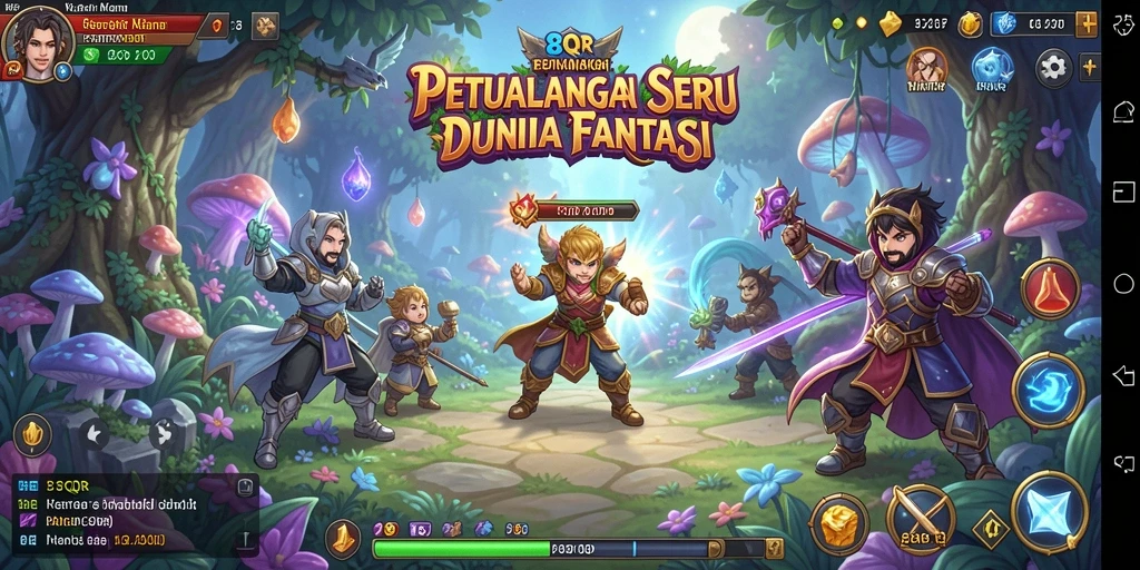 Screenshot gameplay 8QR dengan karakter menjelajahi hutan yang menakjubkan.