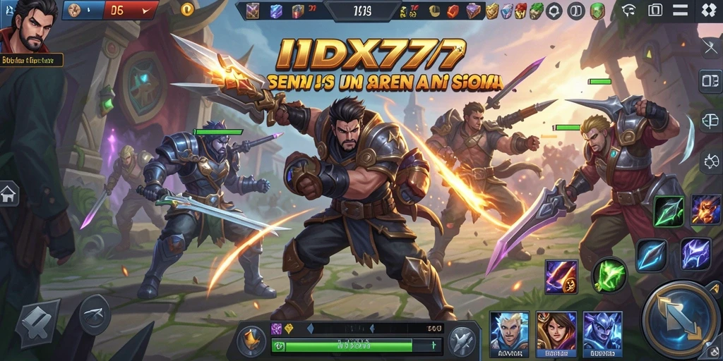Screenshot gameplay IDX777 menampilkan pertarungan MOBA yang mendebarkan.
